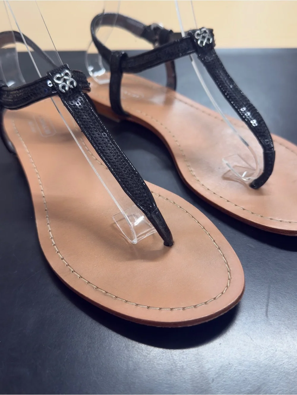 Coach Rolanda Black Leather T-Strap Sandals Size 7